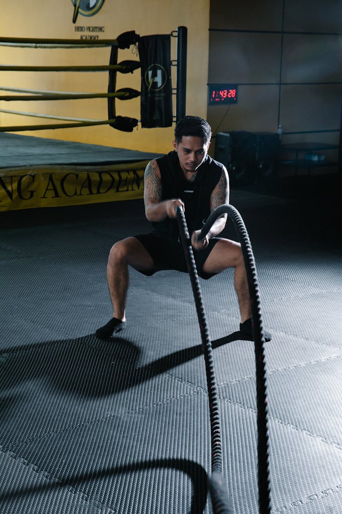 The Art of Drawing Readers In: Your attractive post title goes here Man working out with battle ropes in a gym for strength and fitness.